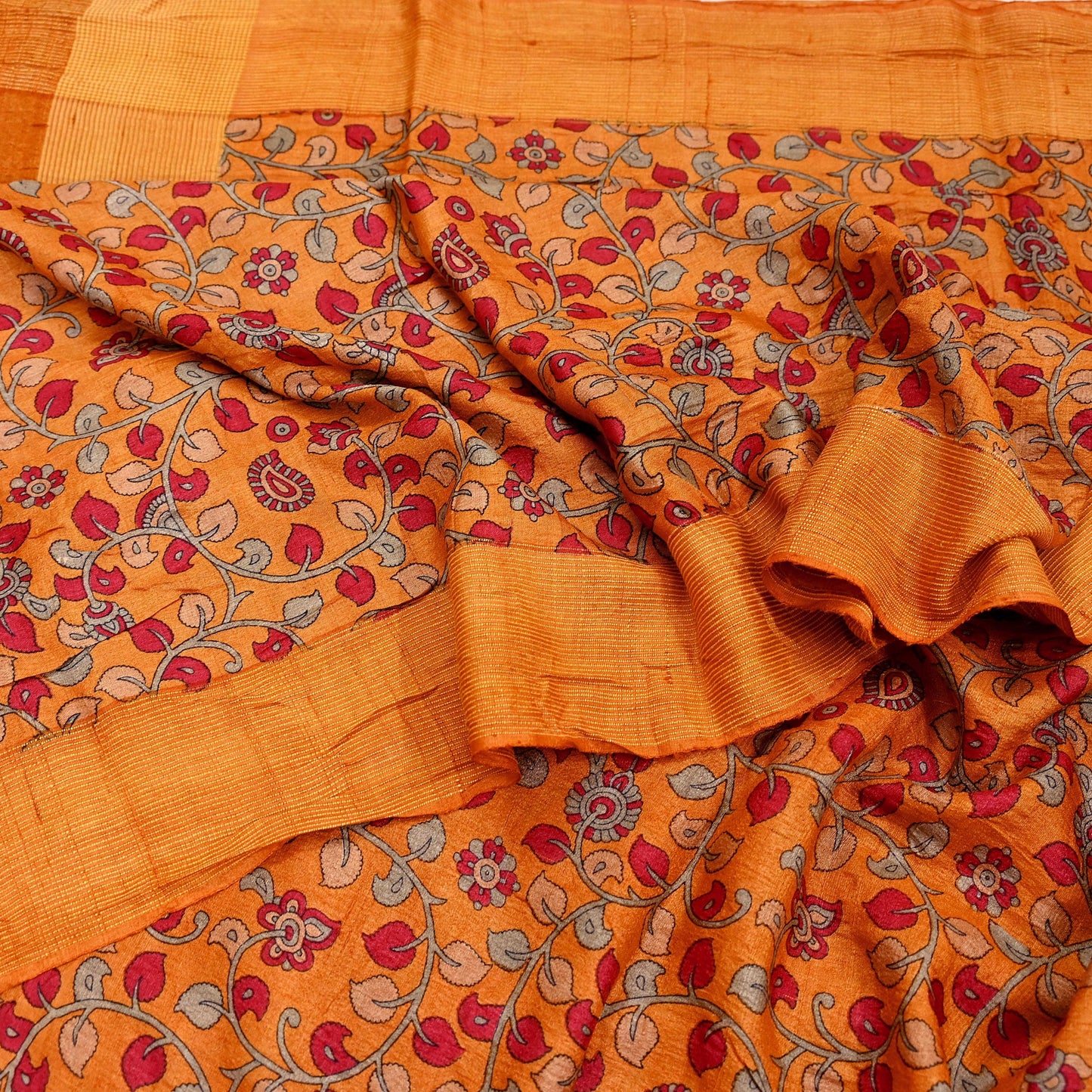 Indian Vintage Saffron Saree Pure Khadi Silk Handloom Kalamkari Sari Craft Fabric 5yd Ethnic Wear Sari Floral