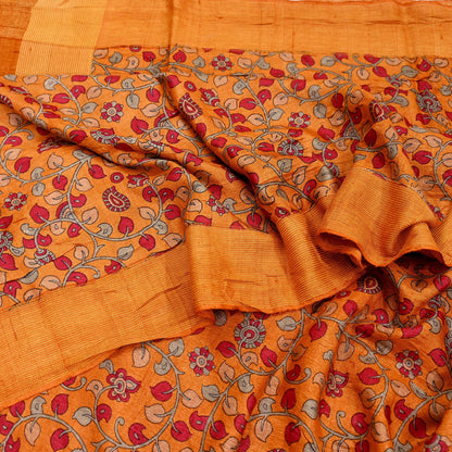 Indian Vintage Saffron Saree Pure Khadi Silk Handloom Kalamkari Sari Craft Fabric 5yd Ethnic Wear Sari Floral