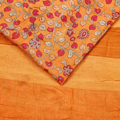 Indian Vintage Saffron Saree Pure Khadi Silk Handloom Kalamkari Sari Craft Fabric 5yd Ethnic Wear Sari Floral
