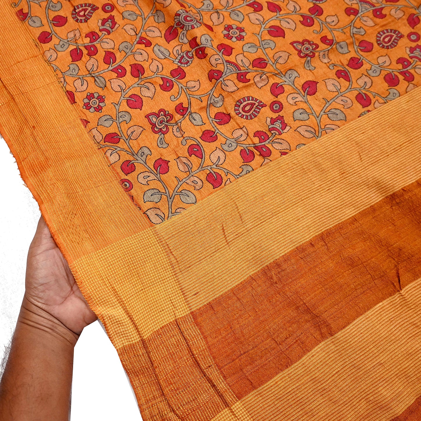 Indian Vintage Saffron Saree Pure Khadi Silk Handloom Kalamkari Sari Craft Fabric 5yd Ethnic Wear Sari Floral