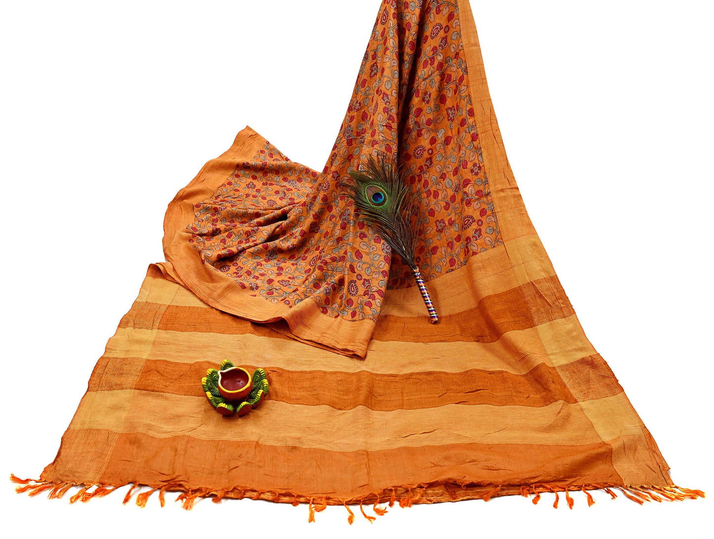 Indian Vintage Saffron Saree Pure Khadi Silk Handloom Kalamkari Sari Craft Fabric 5yd Ethnic Wear Sari Floral