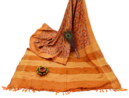 Indian Vintage Saffron Saree Pure Khadi Silk Handloom Kalamkari Sari Craft Fabric 5yd Ethnic Wear Sari Floral