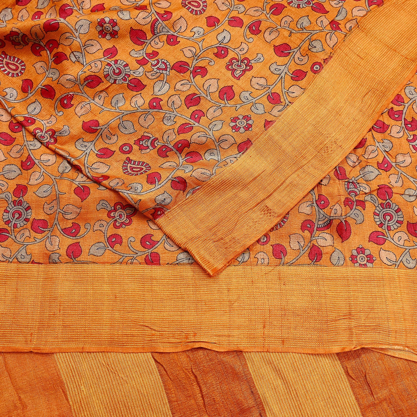 Indian Vintage Saffron Saree Pure Khadi Silk Handloom Kalamkari Sari Craft Fabric 5yd Ethnic Wear Sari Floral