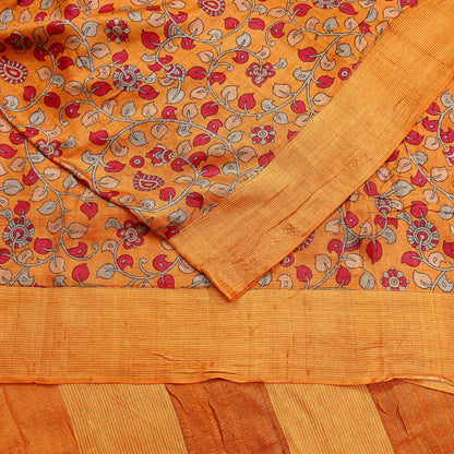 Indian Vintage Saffron Saree Pure Khadi Silk Handloom Kalamkari Sari Craft Fabric 5yd Ethnic Wear Sari Floral