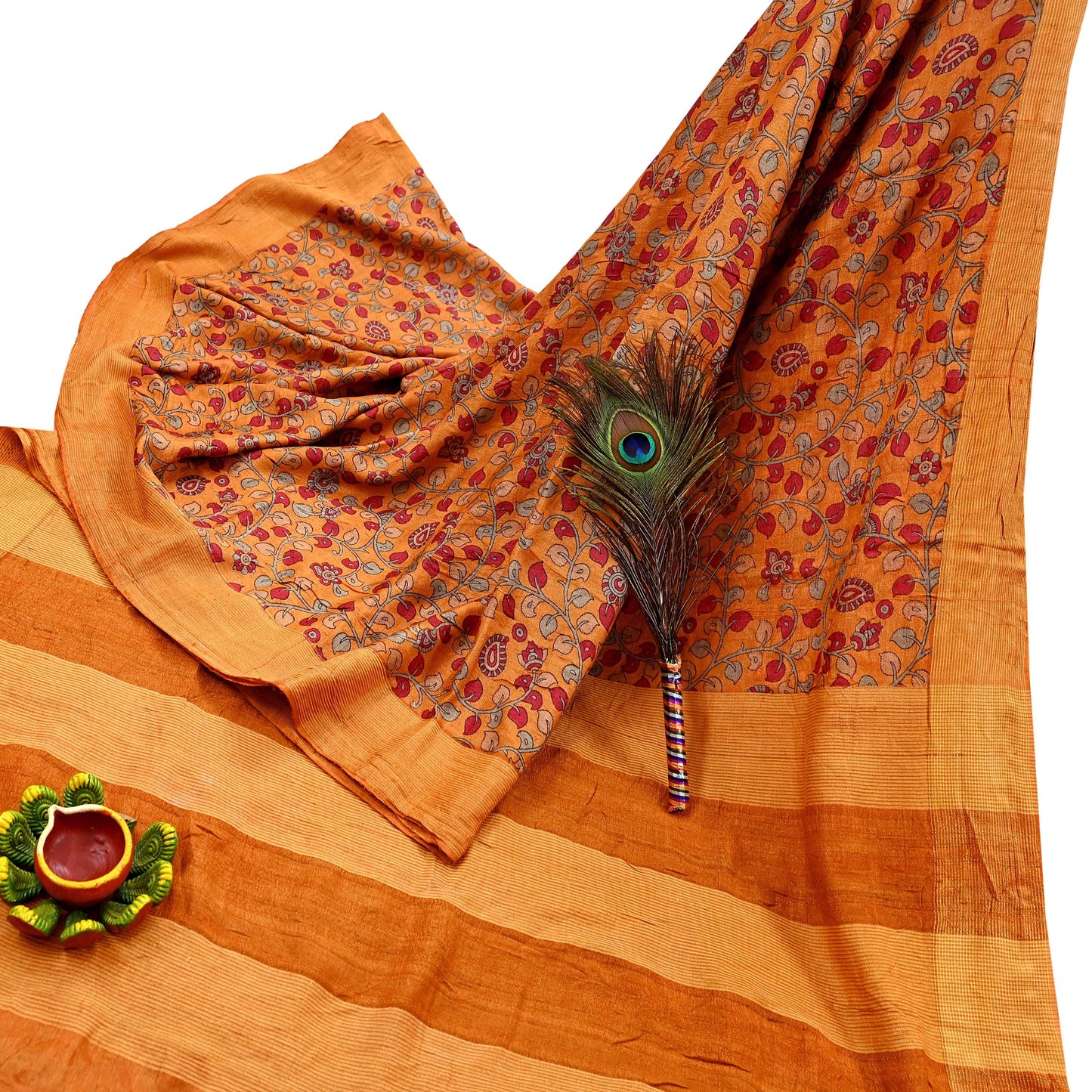 Indian Vintage Saffron Saree Pure Khadi Silk Handloom Kalamkari Sari Craft Fabric 5yd Ethnic Wear Sari Floral