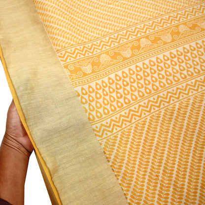 Indian Vintage Heavy Sari Beige & Yellow Pure Khadi Silk Handloom Saree Craft Fabric 5yd Ethnic Wear Dress making For Crafting Quilting