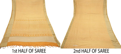 Indian Vintage Heavy Sari Beige & Yellow Pure Khadi Silk Handloom Saree Craft Fabric 5yd Ethnic Wear Dress making For Crafting Quilting