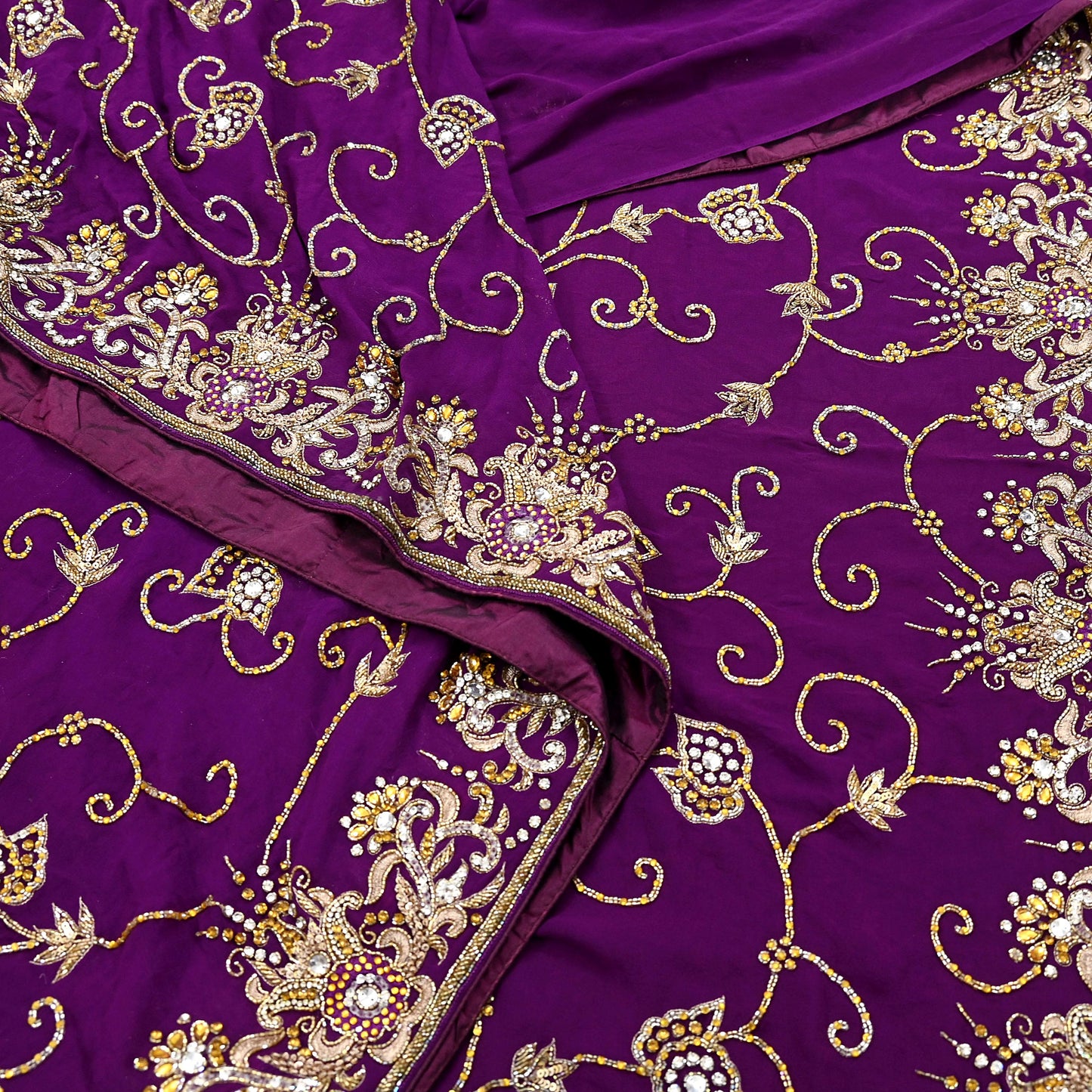 Indian Vintage Heavy Sari Purple Pure Georgette Silk Hand Beaded Sarees Craft Fabric 5Yd Sewing Soft Ethnic Wedding Sarees Dress making