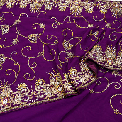 Indian Vintage Heavy Sari Purple Pure Georgette Silk Hand Beaded Sarees Craft Fabric 5Yd Sewing Soft Ethnic Wedding Sarees Dress making