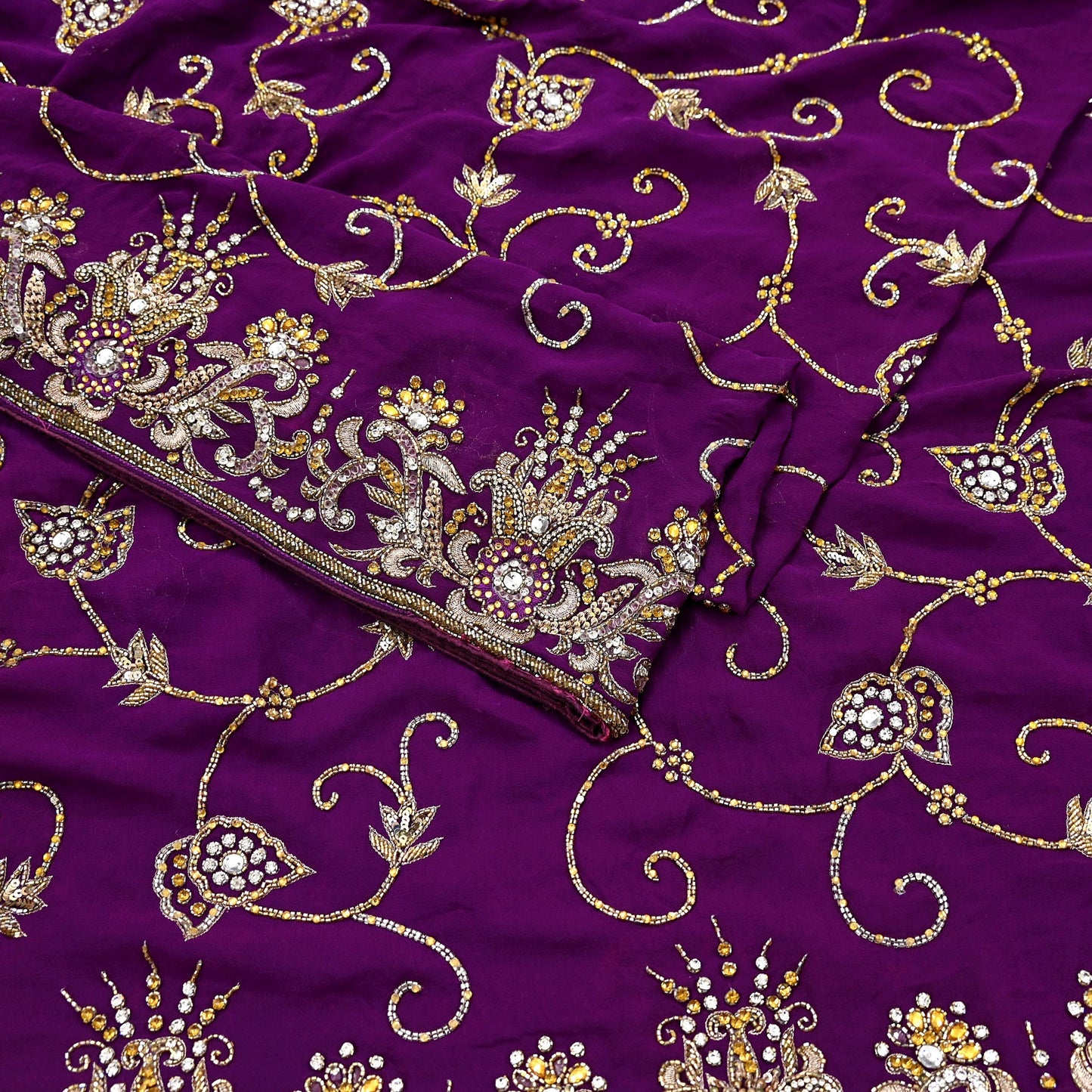 Indian Vintage Heavy Sari Purple Pure Georgette Silk Hand Beaded Sarees Craft Fabric 5Yd Sewing Soft Ethnic Wedding Sarees Dress making