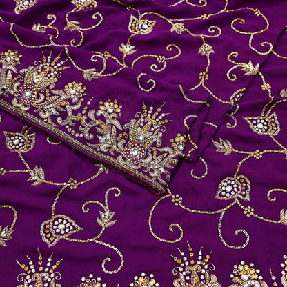 Indian Vintage Heavy Sari Purple Pure Georgette Silk Hand Beaded Sarees Craft Fabric 5Yd Sewing Soft Ethnic Wedding Sarees Dress making