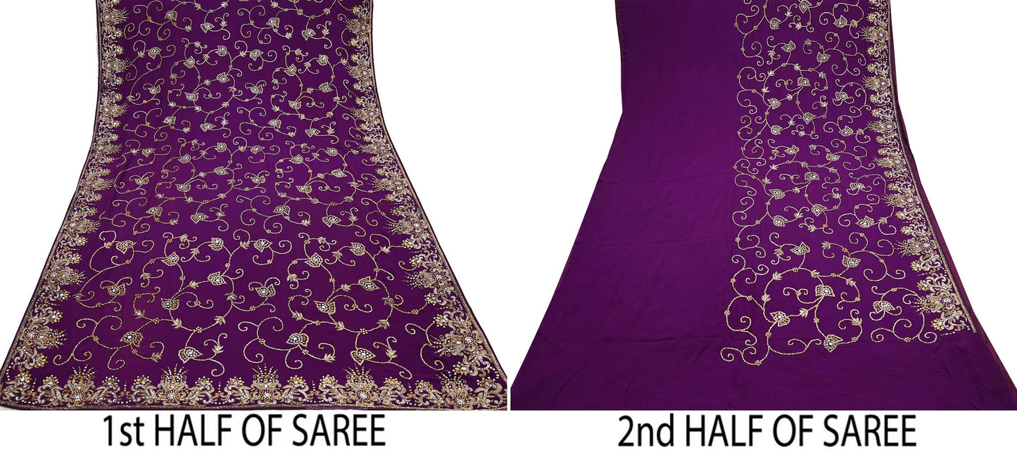 Indian Vintage Heavy Sari Purple Pure Georgette Silk Hand Beaded Sarees Craft Fabric 5Yd Sewing Soft Ethnic Wedding Sarees Dress making