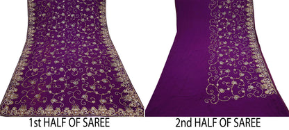 Indian Vintage Heavy Sari Purple Pure Georgette Silk Hand Beaded Sarees Craft Fabric 5Yd Sewing Soft Ethnic Wedding Sarees Dress making