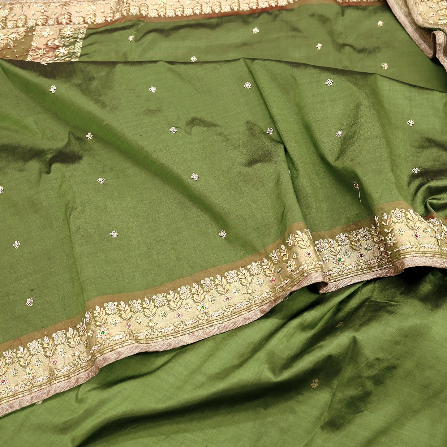 Indian Vintage Saree Green Heavy Hand Embroidered Kanjivaram Sari Pure Silk Fabric 5 Yards Dress Making Bollywood Sarees