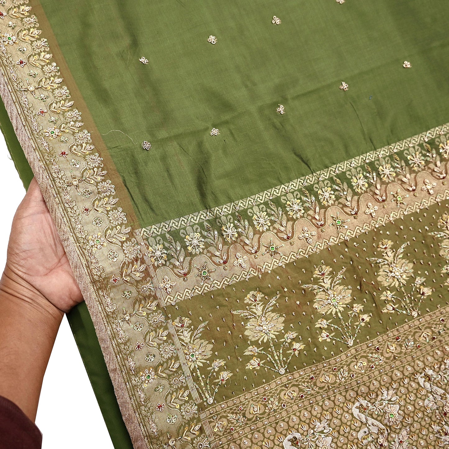 Indian Vintage Saree Green Heavy Hand Embroidered Kanjivaram Sari Pure Silk Fabric 5 Yards Dress Making Bollywood Sarees