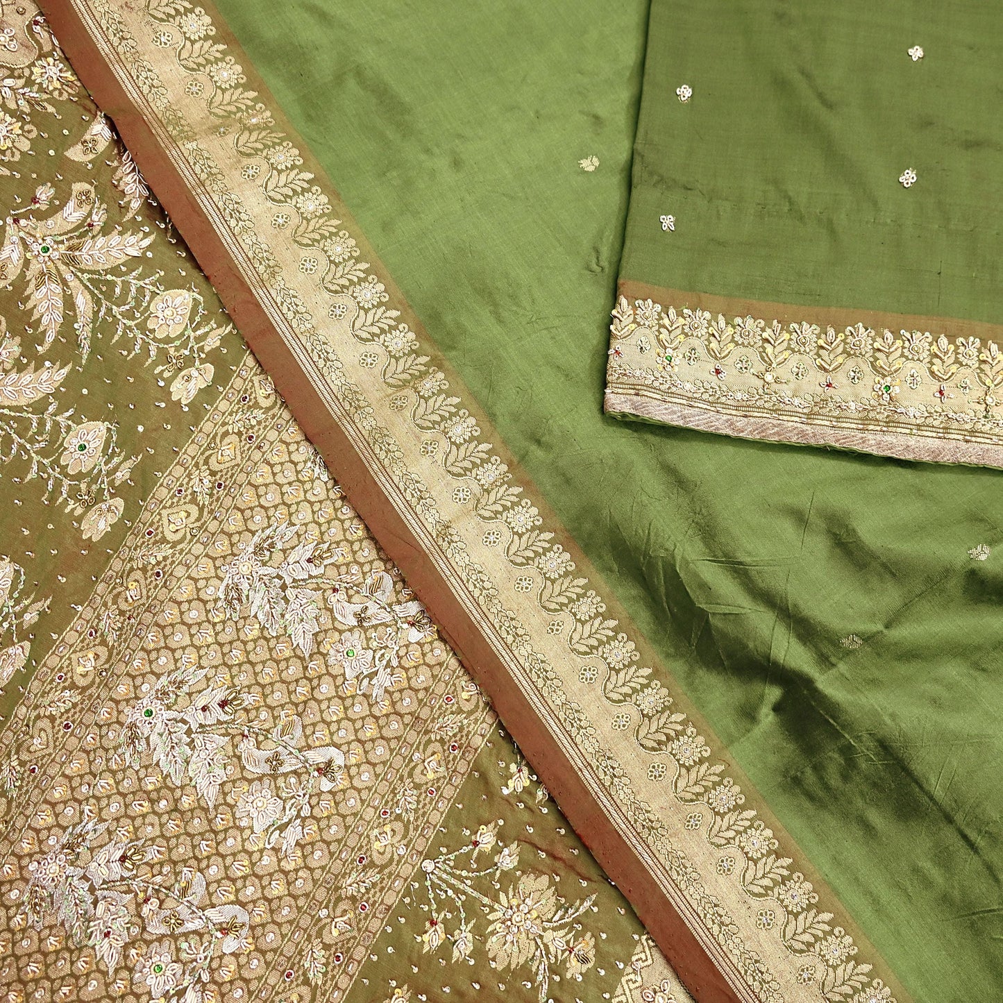 Indian Vintage Saree Green Heavy Hand Embroidered Kanjivaram Sari Pure Silk Fabric 5 Yards Dress Making Bollywood Sarees