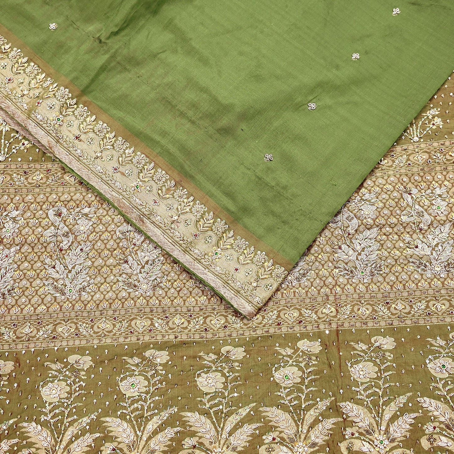 Indian Vintage Saree Green Heavy Hand Embroidered Kanjivaram Sari Pure Silk Fabric 5 Yards Dress Making Bollywood Sarees