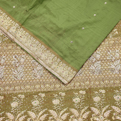 Indian Vintage Saree Green Heavy Hand Embroidered Kanjivaram Sari Pure Silk Fabric 5 Yards Dress Making Bollywood Sarees