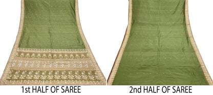Indian Vintage Saree Green Heavy Hand Embroidered Kanjivaram Sari Pure Silk Fabric 5 Yards Dress Making Bollywood Sarees