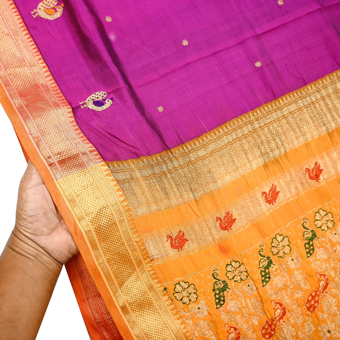 Indian Vintage Heavy Purple & Saffron Kanjivaram Saree 100% Pure Silk Sari Zari 5Yd Floral Crafting Dress making