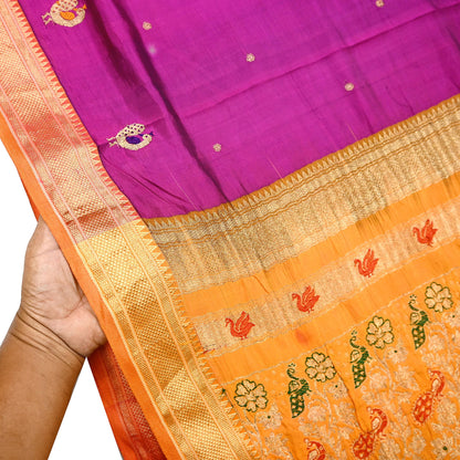 Indian Vintage Heavy Purple & Saffron Kanjivaram Saree 100% Pure Silk Sari Zari 5Yd Floral Crafting Dress making