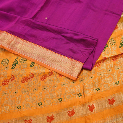 Indian Vintage Heavy Purple & Saffron Kanjivaram Saree 100% Pure Silk Sari Zari 5Yd Floral Crafting Dress making