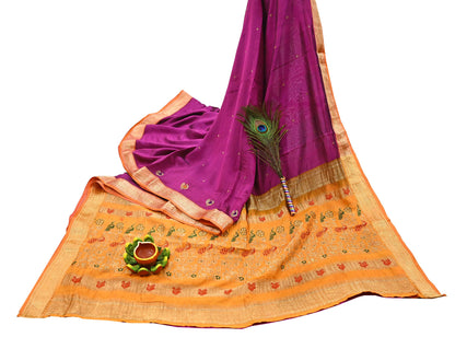 Indian Vintage Heavy Purple & Saffron Kanjivaram Saree 100% Pure Silk Sari Zari 5Yd Floral Crafting Dress making