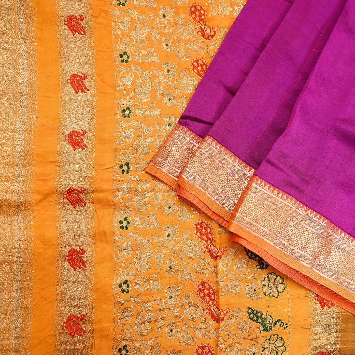 Indian Vintage Heavy Purple & Saffron Kanjivaram Saree 100% Pure Silk Sari Zari 5Yd Floral Crafting Dress making