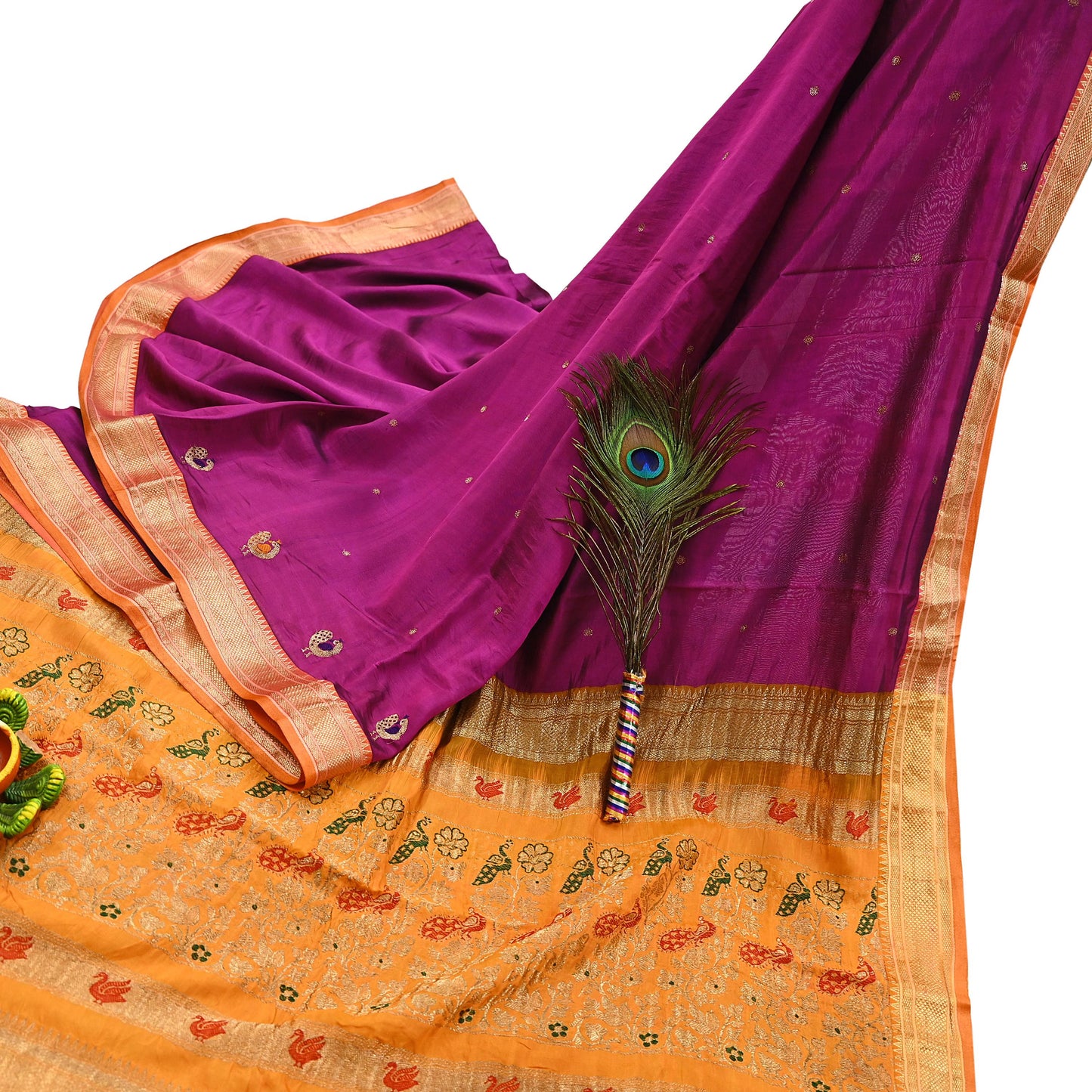 Indian Vintage Heavy Purple & Saffron Kanjivaram Saree 100% Pure Silk Sari Zari 5Yd Floral Crafting Dress making