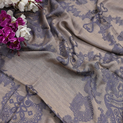 Vintage Gray & Beige Viscose Stole Handmade Woven Long Throw Stole Warm Floral Design Fringes