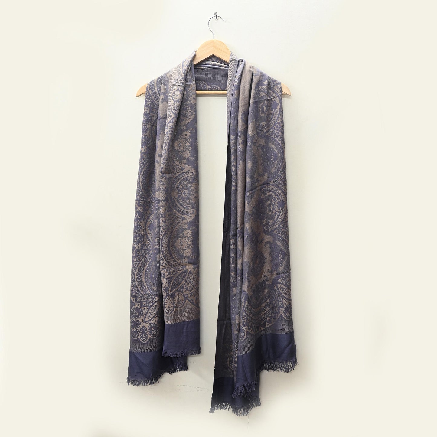 Vintage Gray & Beige Viscose Stole Handmade Woven Long Throw Stole Warm Floral Design Fringes
