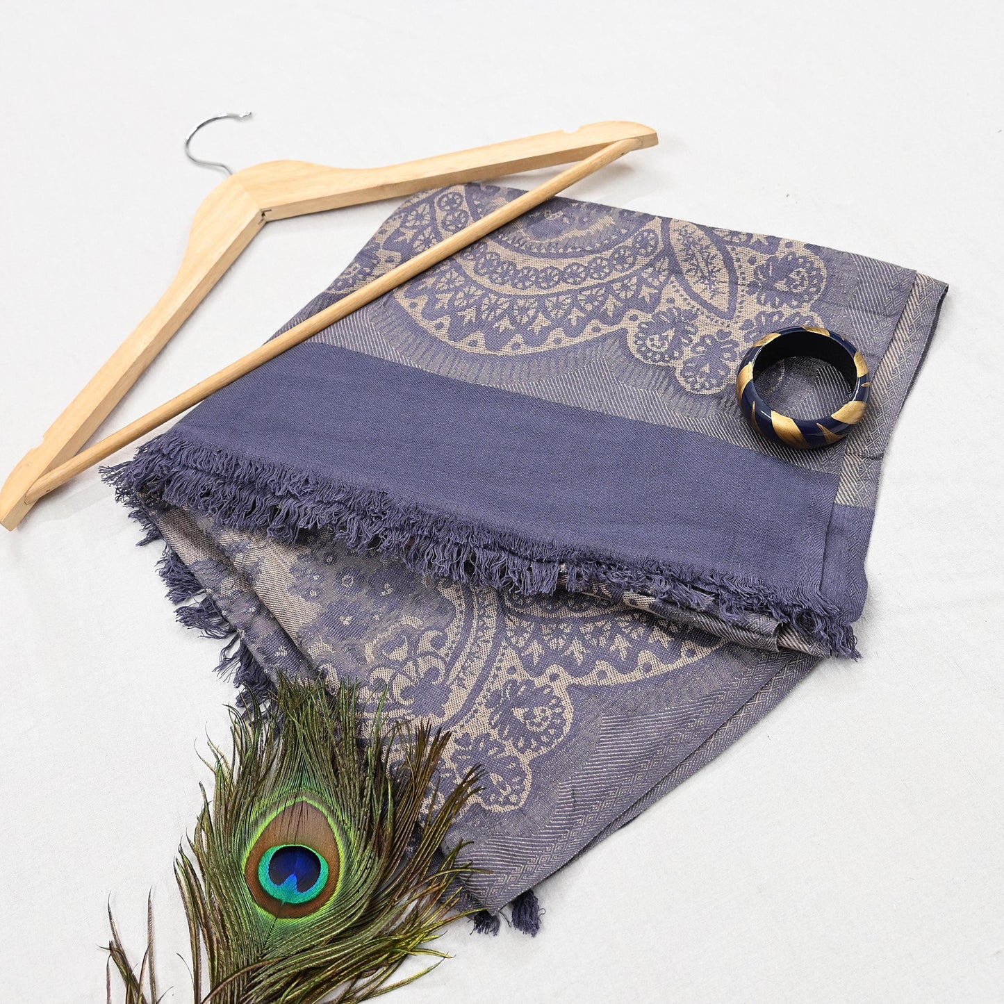 Vintage Gray & Beige Viscose Stole Handmade Woven Long Throw Stole Warm Floral Design Fringes