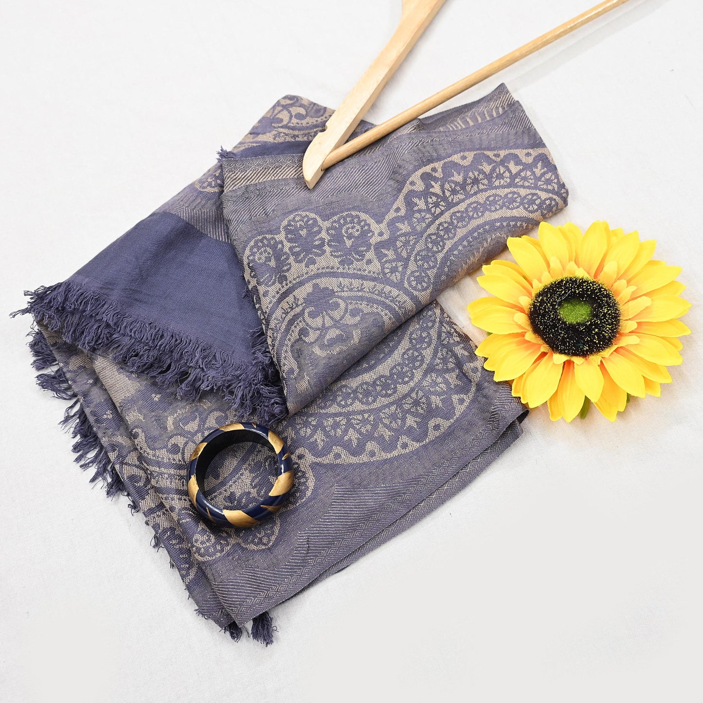 Vintage Gray & Beige Viscose Stole Handmade Woven Long Throw Stole Warm Floral Design Fringes