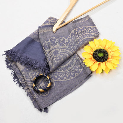 Vintage Gray & Beige Viscose Stole Handmade Woven Long Throw Stole Warm Floral Design Fringes