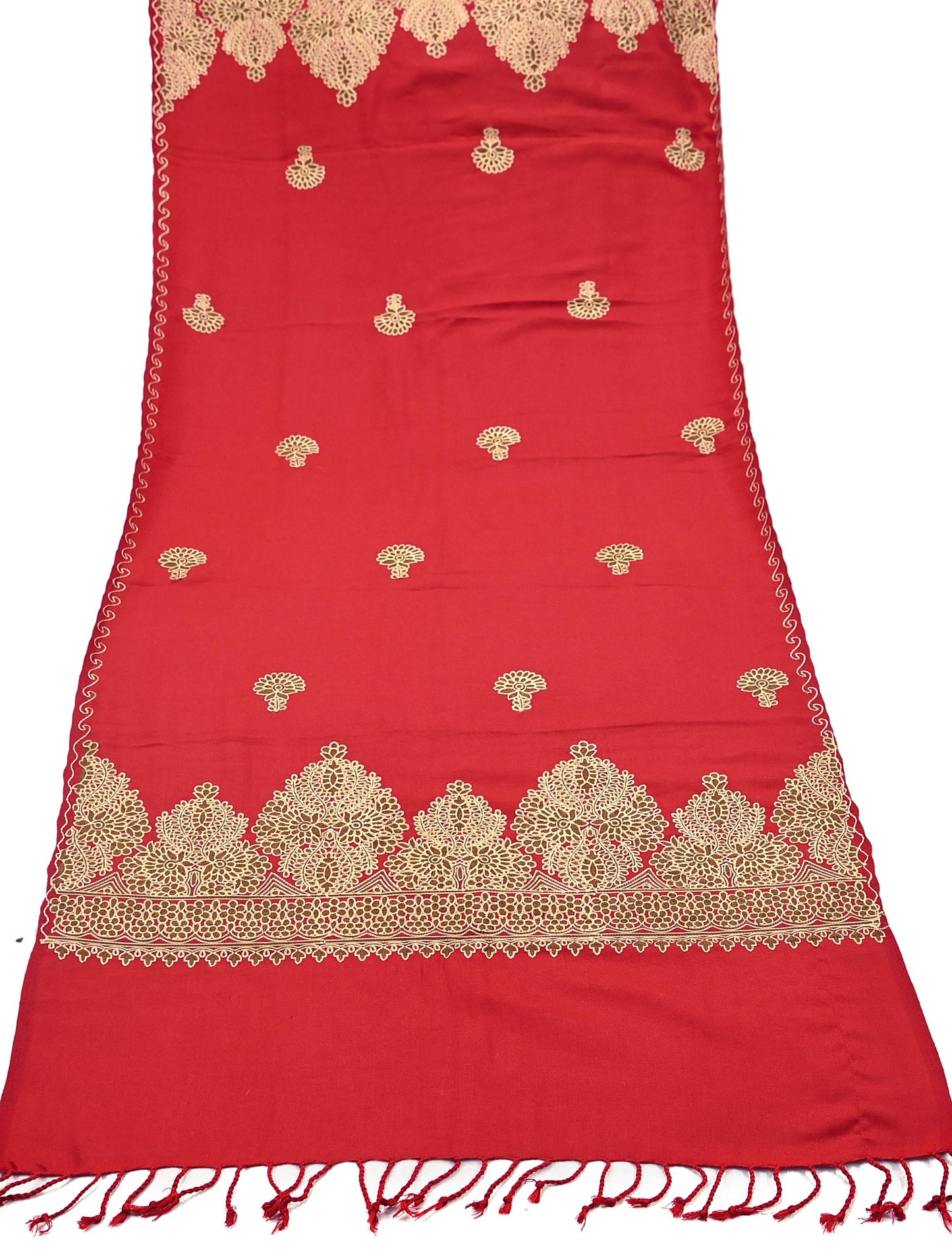 Vintage Stole Red Viscose Handmade Ari work Long Throw Warm Stole Floral Design Fringes