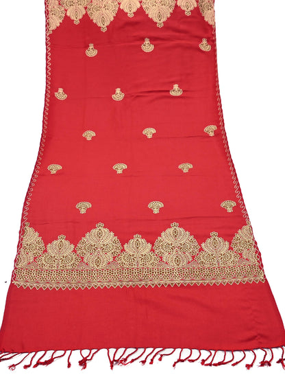 Vintage Stole Red Viscose Handmade Ari work Long Throw Warm Stole Floral Design Fringes