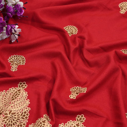 Vintage Stole Red Viscose Handmade Ari work Long Throw Warm Stole Floral Design Fringes