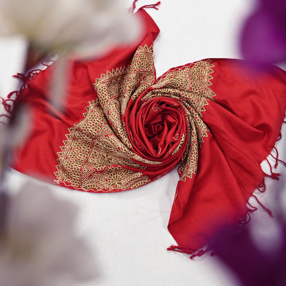 Vintage Stole Red Viscose Handmade Ari work Long Throw Warm Stole Floral Design Fringes