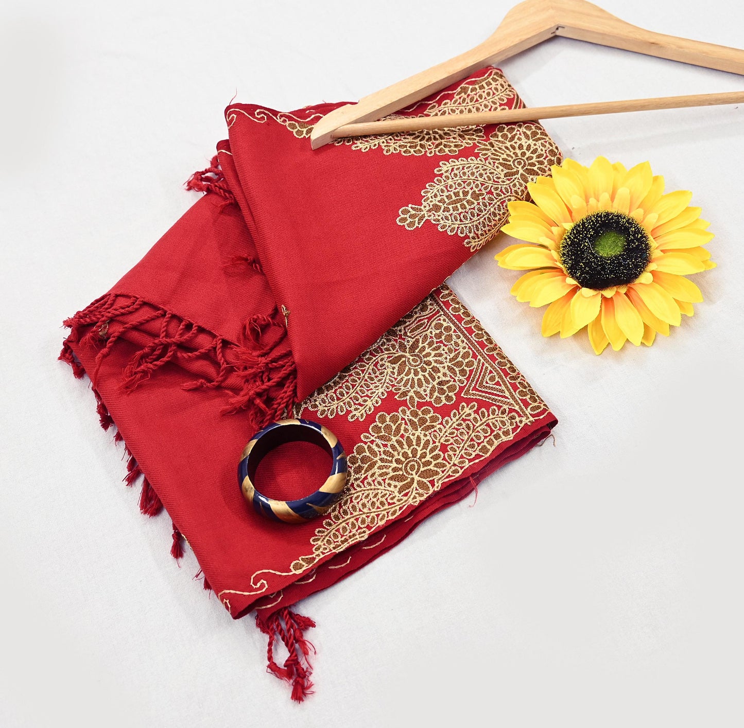 Vintage Stole Red Viscose Handmade Ari work Long Throw Warm Stole Floral Design Fringes