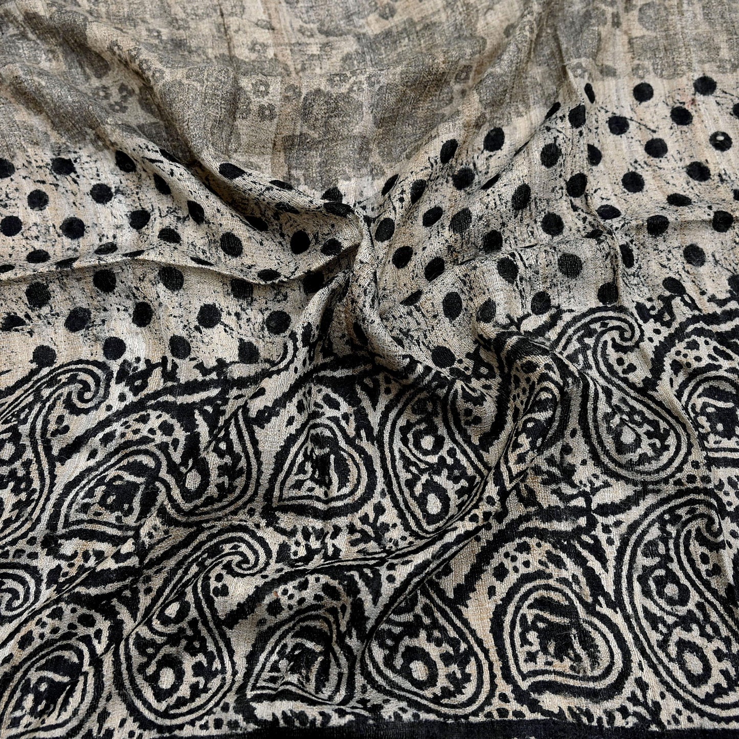 Indian Vintage Beige & Black Dupatta Long Stole 100% Pure Khadi Silk Hand Woven/ Printed Scarves Veil Scarf Wrap Hippie Fringes