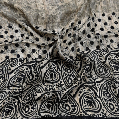 Indian Vintage Beige & Black Dupatta Long Stole 100% Pure Khadi Silk Hand Woven/ Printed Scarves Veil Scarf Wrap Hippie Fringes