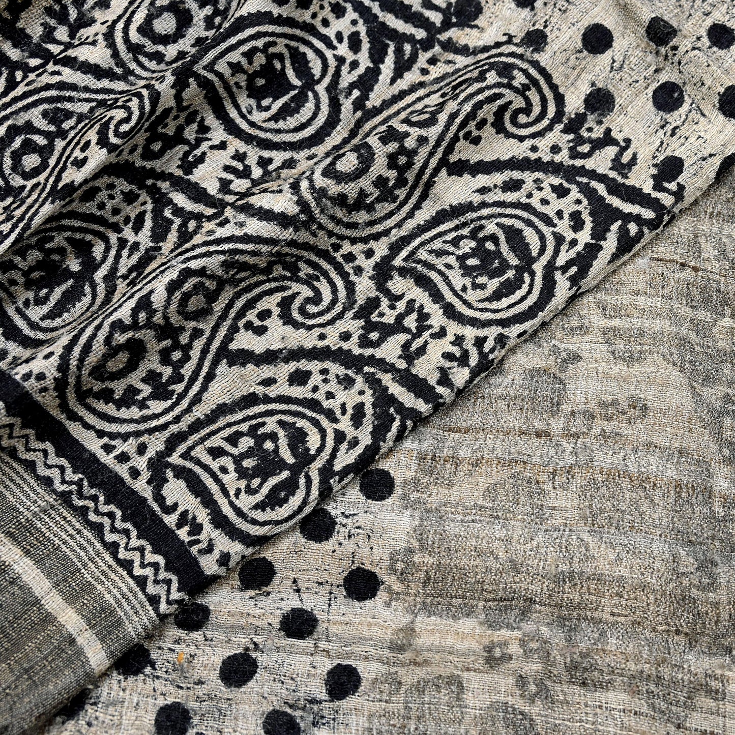 Indian Vintage Beige & Black Dupatta Long Stole 100% Pure Khadi Silk Hand Woven/ Printed Scarves Veil Scarf Wrap Hippie Fringes