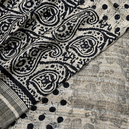 Indian Vintage Beige & Black Dupatta Long Stole 100% Pure Khadi Silk Hand Woven/ Printed Scarves Veil Scarf Wrap Hippie Fringes