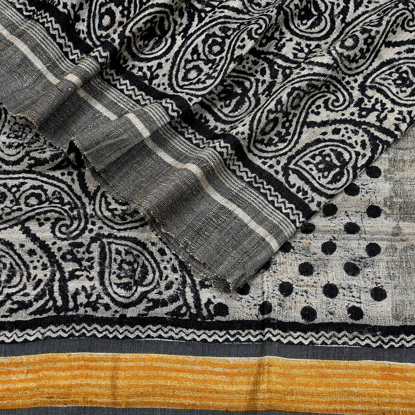 Indian Vintage Beige & Black Dupatta Long Stole 100% Pure Khadi Silk Hand Woven/ Printed Scarves Veil Scarf Wrap Hippie Fringes