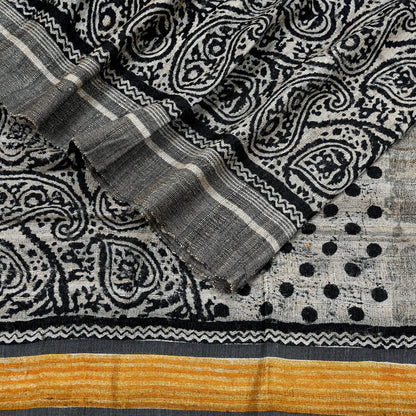 Indian Vintage Beige & Black Dupatta Long Stole 100% Pure Khadi Silk Hand Woven/ Printed Scarves Veil Scarf Wrap Hippie Fringes