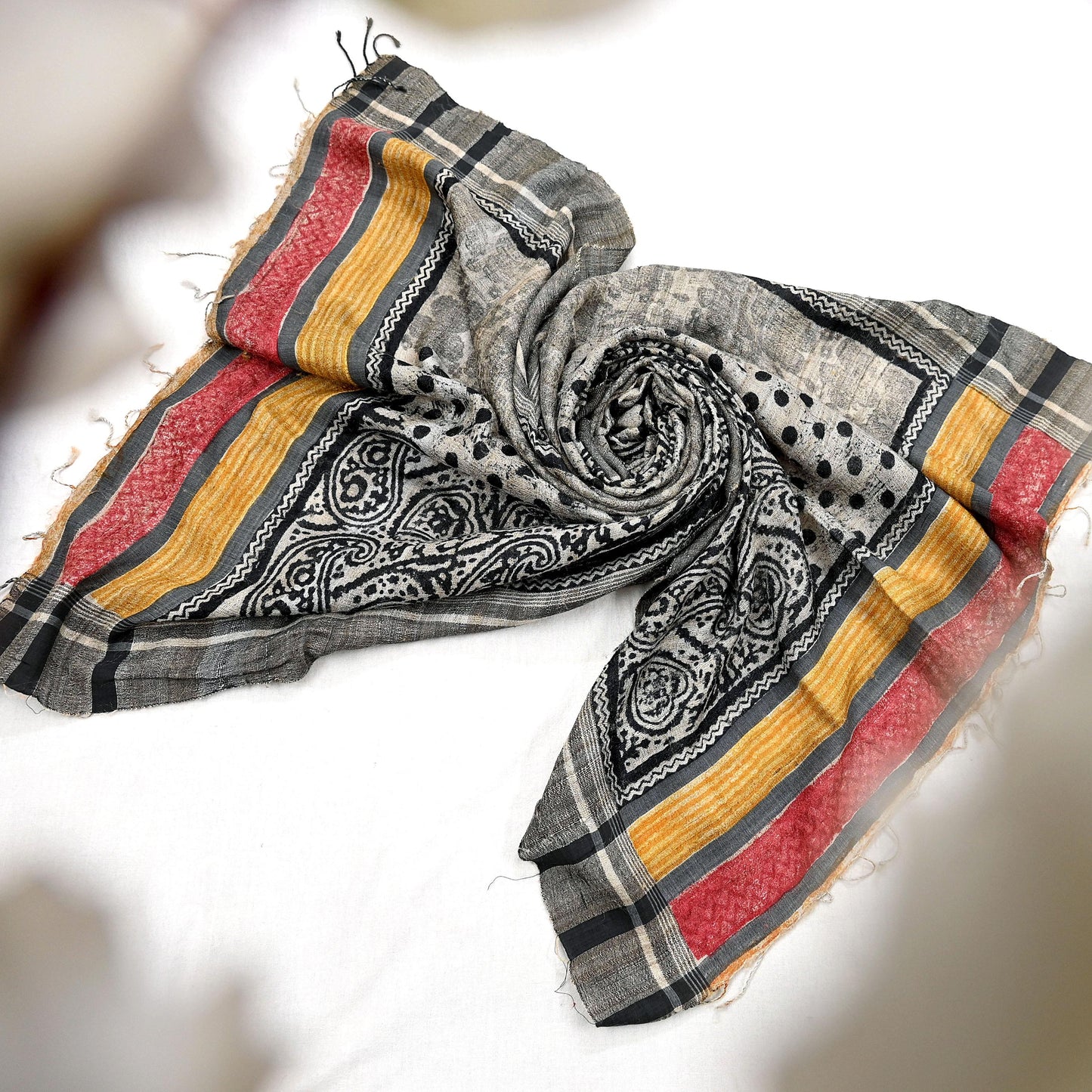 Indian Vintage Beige & Black Dupatta Long Stole 100% Pure Khadi Silk Hand Woven/ Printed Scarves Veil Scarf Wrap Hippie Fringes