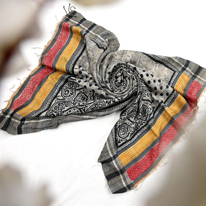 Indian Vintage Beige & Black Dupatta Long Stole 100% Pure Khadi Silk Hand Woven/ Printed Scarves Veil Scarf Wrap Hippie Fringes