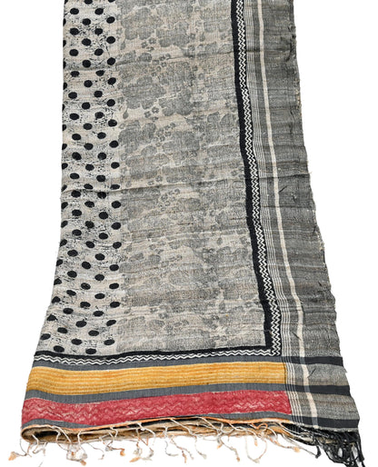 Indian Vintage Beige & Black Dupatta Long Stole 100% Pure Khadi Silk Hand Woven/ Printed Scarves Veil Scarf Wrap Hippie Fringes