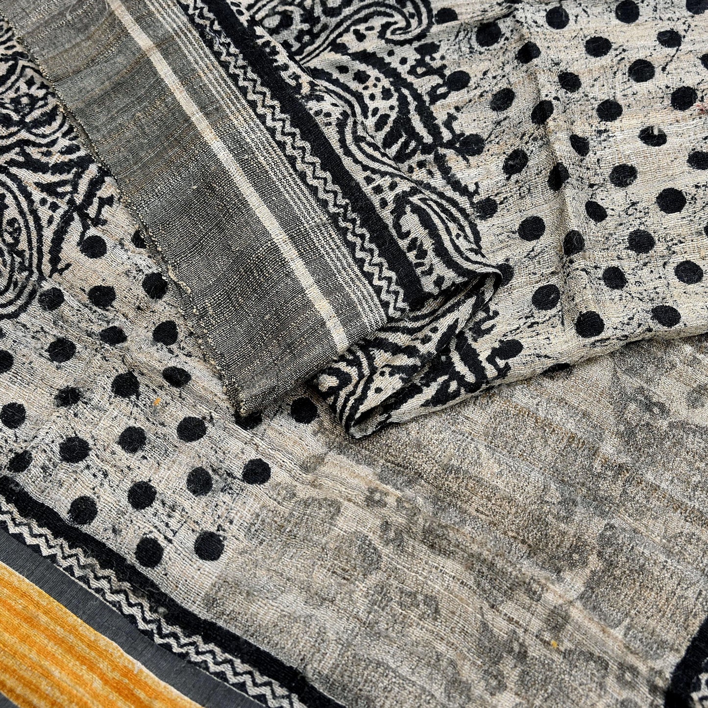 Indian Vintage Beige & Black Dupatta Long Stole 100% Pure Khadi Silk Hand Woven/ Printed Scarves Veil Scarf Wrap Hippie Fringes