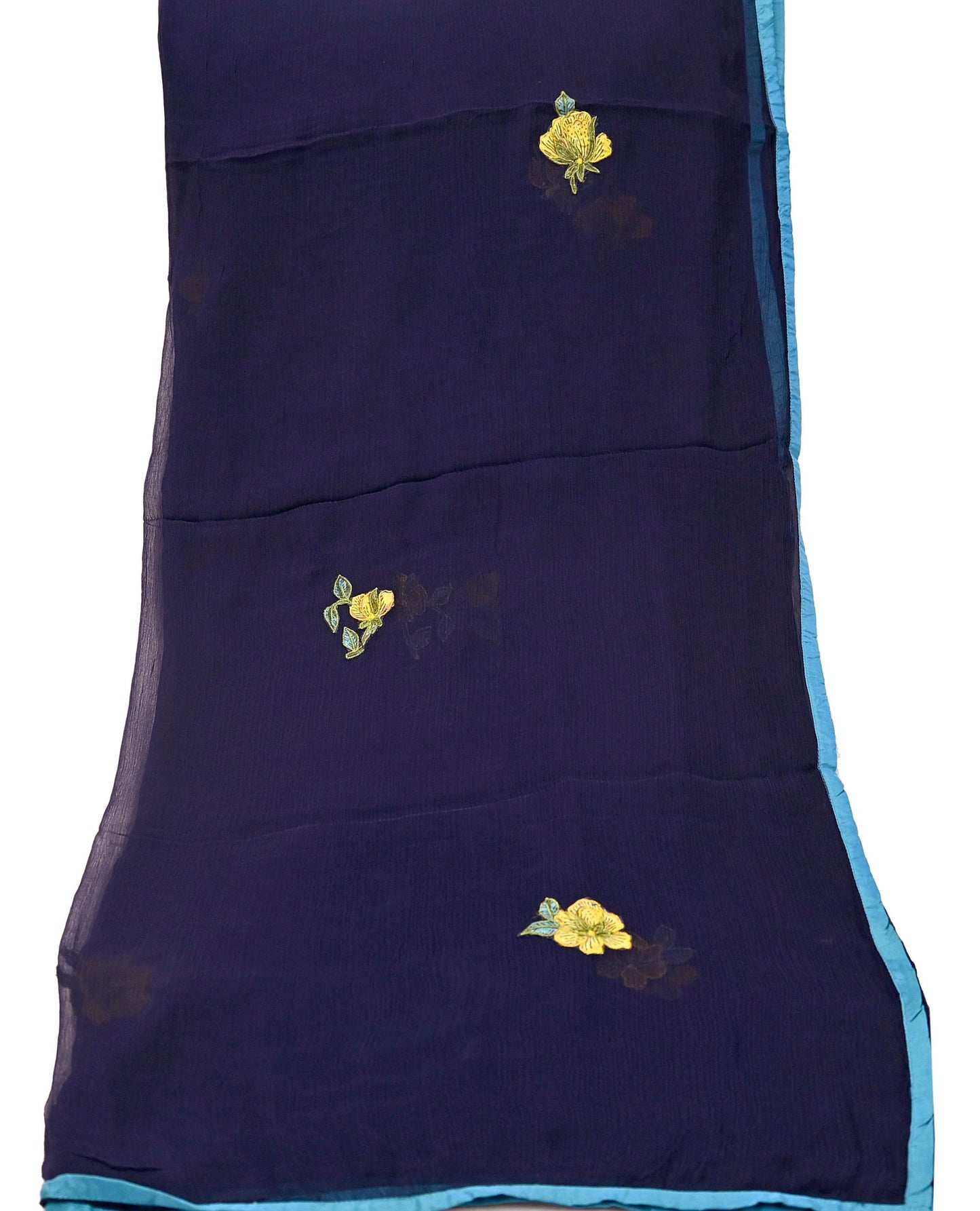 Indian Vintage Blue Dupatta Blend Chiffon Long Stole Embroidered Scarves Floral Design Stole Veil Wrap